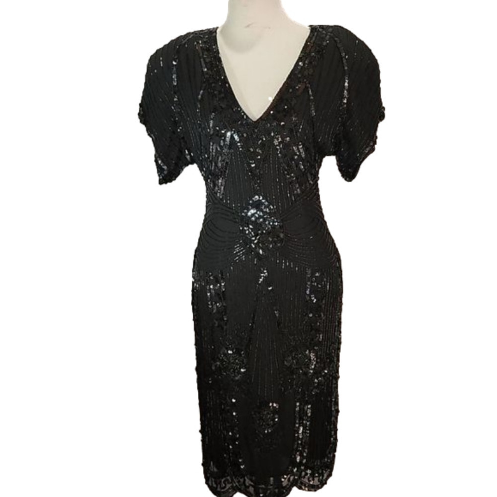 Vintage Beaded little black dress V neck